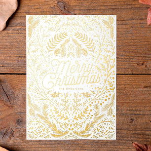 Pressed Gold Foliage & Berries Merry Christmas Foil Holiday Card