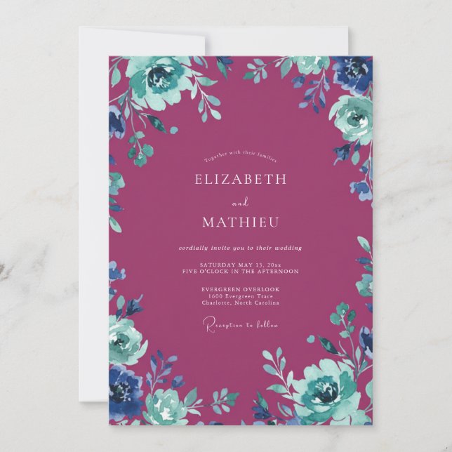 Pressed Magenta Teal Painted Wedding Invitation (Front)