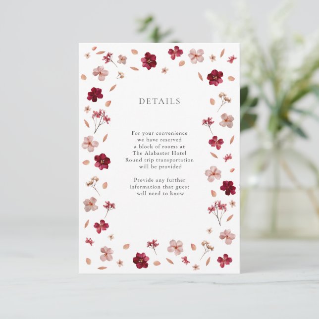 Pressed Red Pink and Cream, floral Wedding Details Enclosure Card (Standing Front)