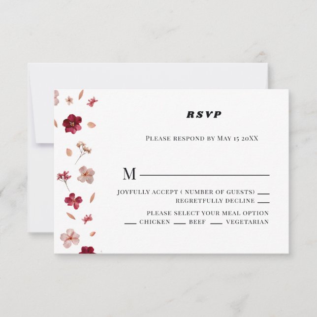 Pressed Red Pink and Cream, floral Wedding RSVP (Front)