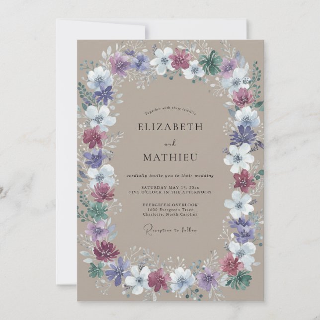 Pressed Taupe Periwinkle Wreath Wedding Invitation (Front)