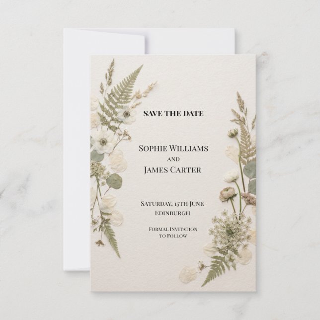 Pressed White Wildflower Fern Wedding Save The Date (Front)