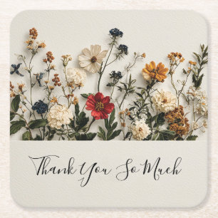 Pressed Wildflower Border with Thank you text Square Paper Coaster