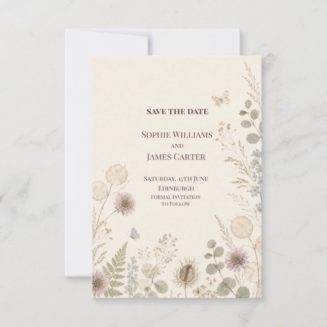 Pressed Wildflower Butterfly Botanical Save The Date (Front)