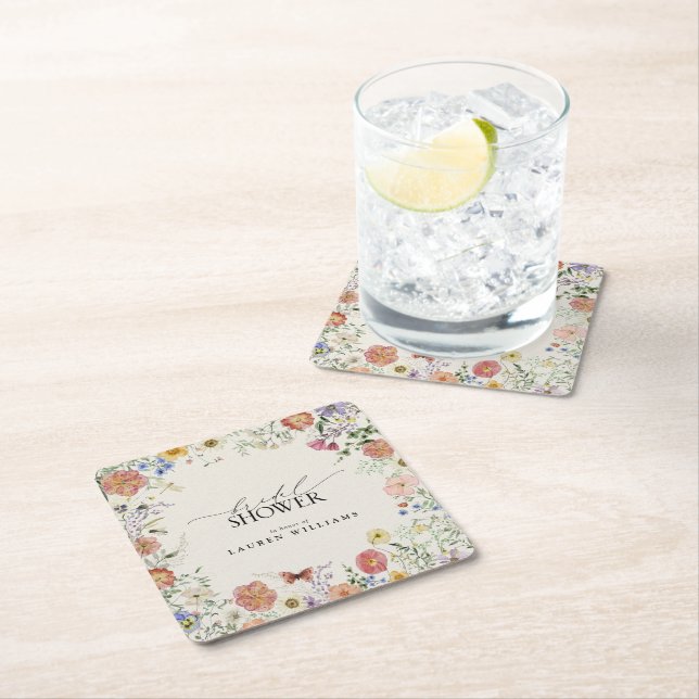 Pressed Wildflower Floral Bridal Shower Square Paper Coaster (Insitu)