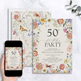 Pressed Wildflower Floral Frame 50th Birthday Invi Invitation