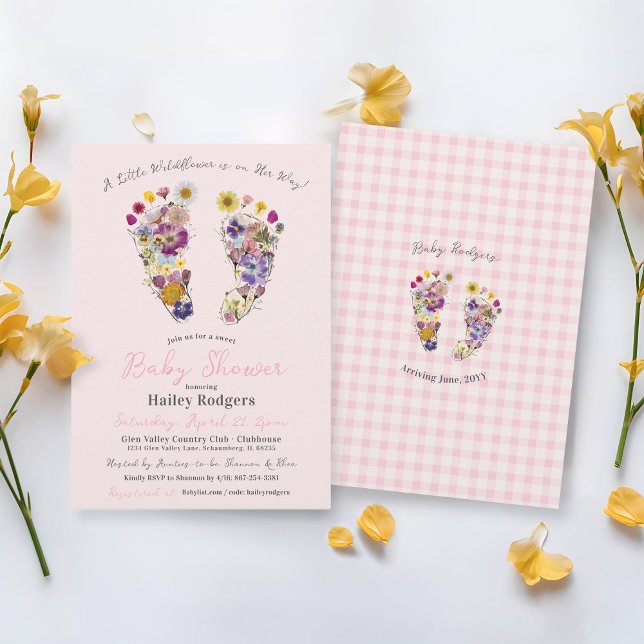 Pressed Wildflower Footprints Baby Girl Shower Invitation (Cute pink gingham flower footprints A Little Wildflower Baby Girl Shower floral feet invitation)