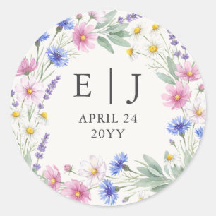 Pressed Wildflower Monogram Wedding Envelope Favou Classic Round Sticker
