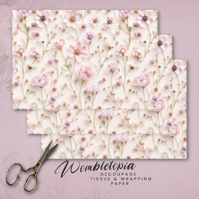 Pressed Wildflowers in Pastel Pink with 3D Effect Wrapping Paper Sheet (Creator Uploaded)