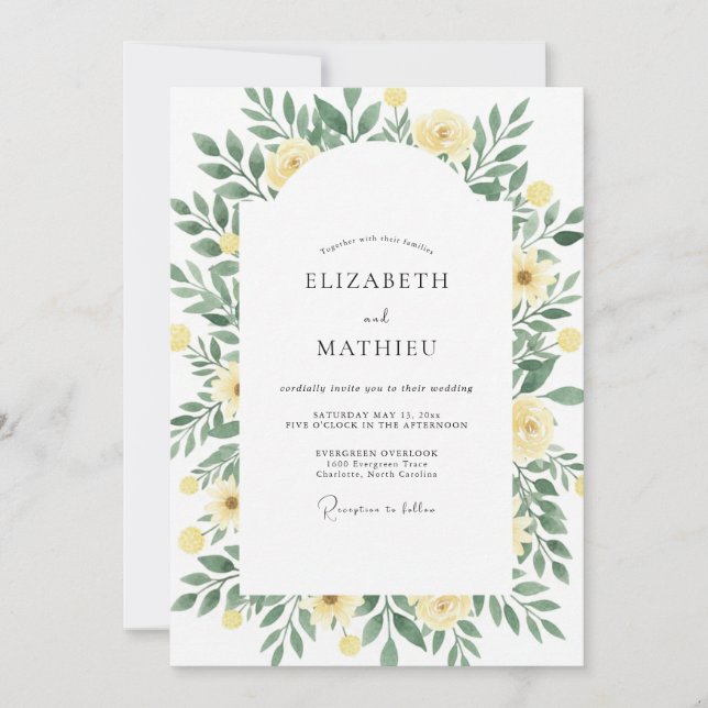 Pressed Yellow Olive Leafy Wedding Invitation (Front)