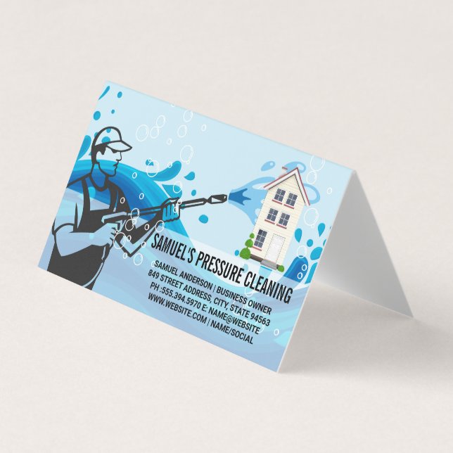 Pressure Cleaning | Worker | Soap Bubbles  Business Card (Front)
