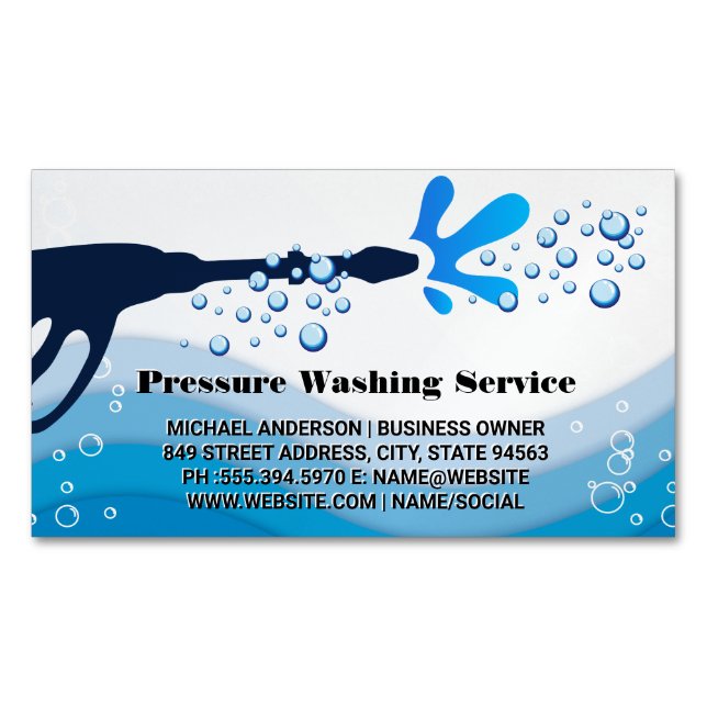 Pressure Wash Water Spray | Soap Bubbles Business  Magnetic Business Card (Front)