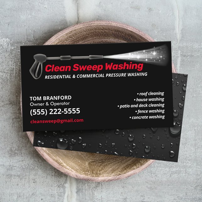 Pressure Washing Black Power Wash Cleaner Red Business Card (Creator Uploaded)
