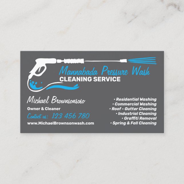 Pressure Washing grey Power Wash Cleaner CLEANING Business Card (Front)