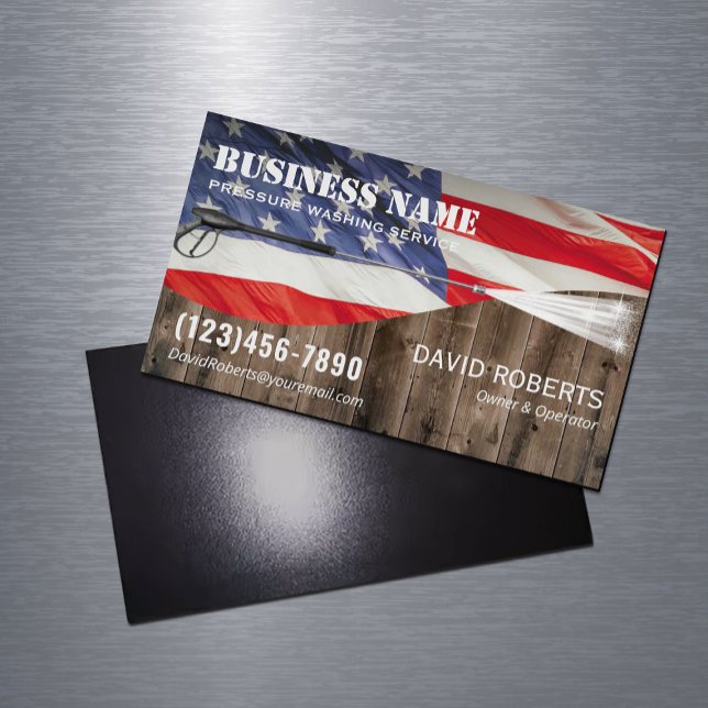 Pressure Washing Power Cleaning Patriotic Wood Magnetic Business Card (Creator Uploaded)