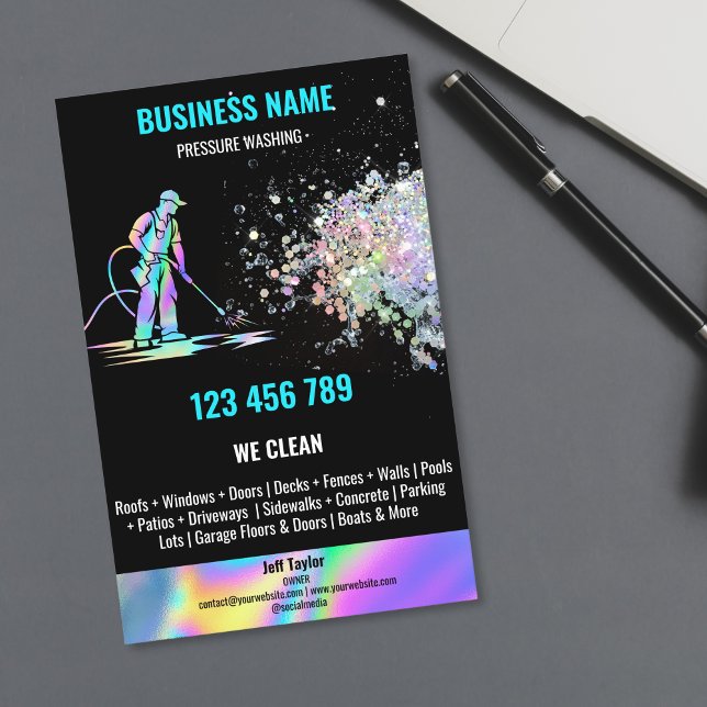 Pressure Washing Power Driveway Cleaning Flyer (holographic power washer for residential and commercial cleaning business)