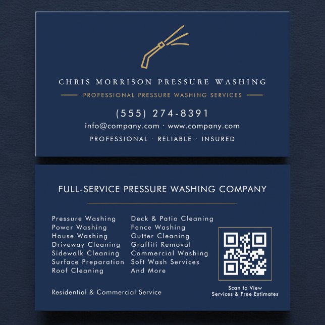 Pressure Washing Power Wash QR Code Navy Blue Business Card (Creator Uploaded)