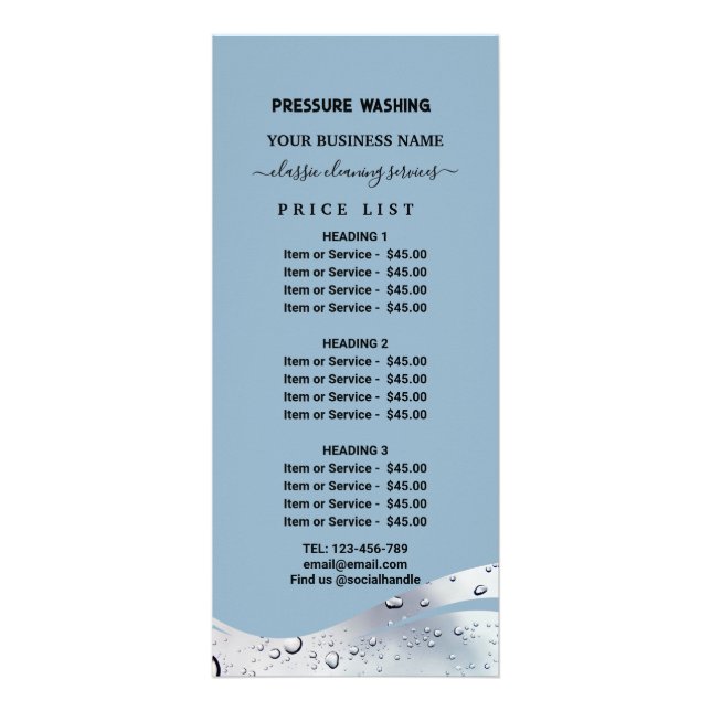 Pressure Washing Water Drops Power Wash Price List Rack Card (Front)