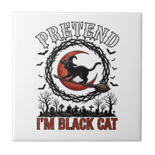 Pretend Black Cat Halloween Witch Hat Red Moon_1 Ceramic Tile