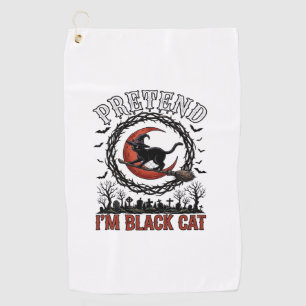 Pretend Black Cat Halloween Witch Hat Red Moon_1 Golf Towel