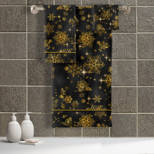 Prettiest Snowflakes Pattern Black/Gold ID846 Bath Towel Set