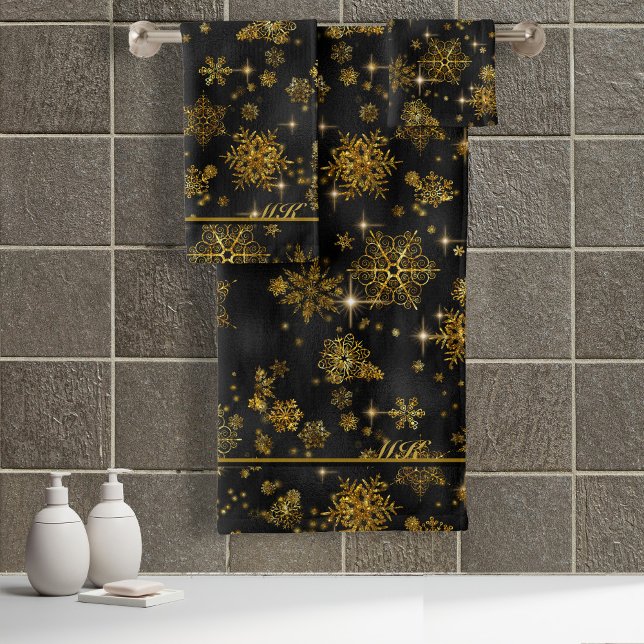 Prettiest Snowflakes Pattern Black/Gold ID846  Bath Towel Set (Creator Uploaded)