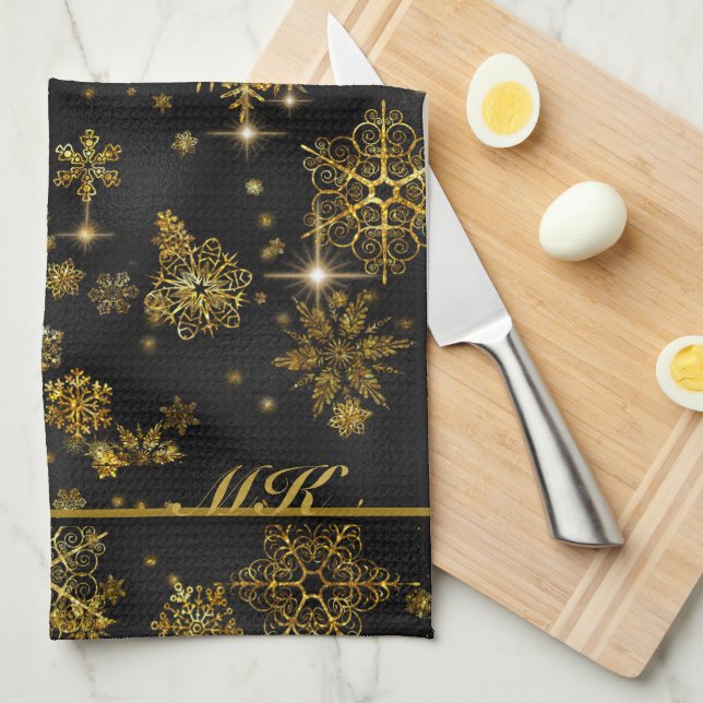 Prettiest Snowflakes Pattern Black/Gold ID846  Tea Towel (Quarter Fold)