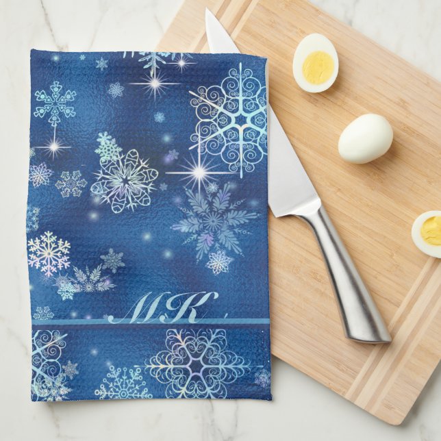 Prettiest Snowflakes Pattern Blue ID846 Tea Towel (Quarter Fold)