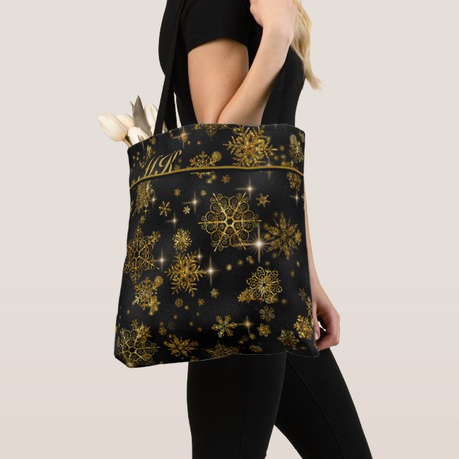 Prettiest Snowflakes Pattern Gold/Black ID846 Tote Bag (Close Up)