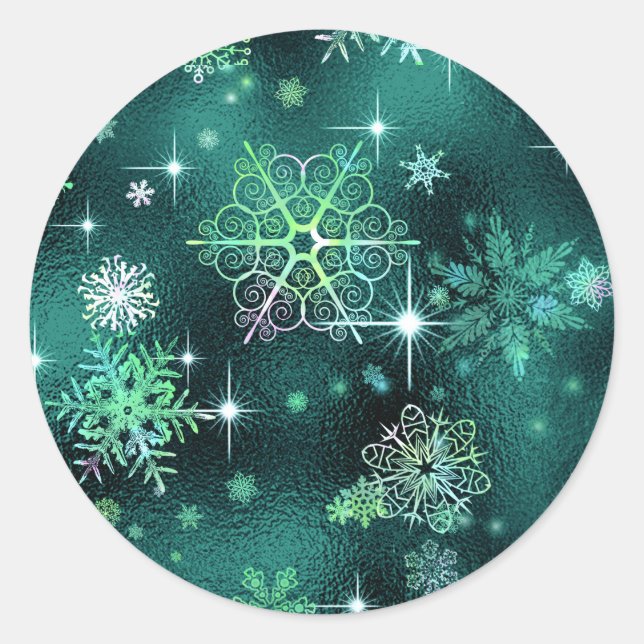 Prettiest Snowflakes Pattern Green ID846 Classic Round Sticker (Front)