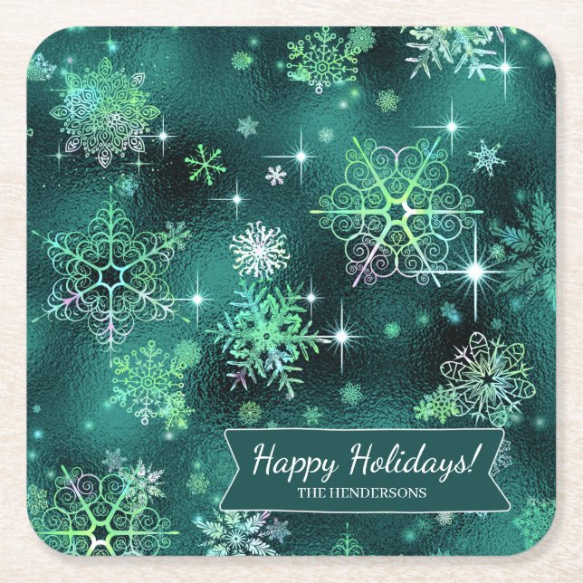 Prettiest Snowflakes Pattern Green ID846 Square Paper Coaster (Front)