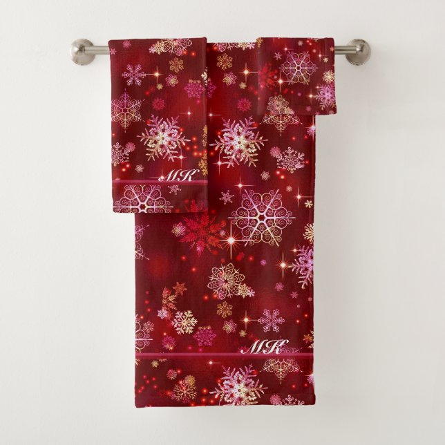 Prettiest Snowflakes Pattern Red ID846 Bath Towel Set (Insitu)
