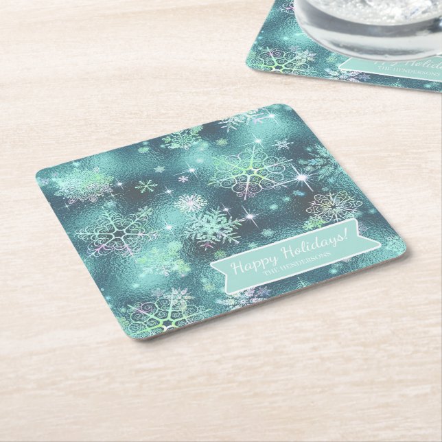 Prettiest Snowflakes Pattern Teal ID846 Square Paper Coaster (Angled)