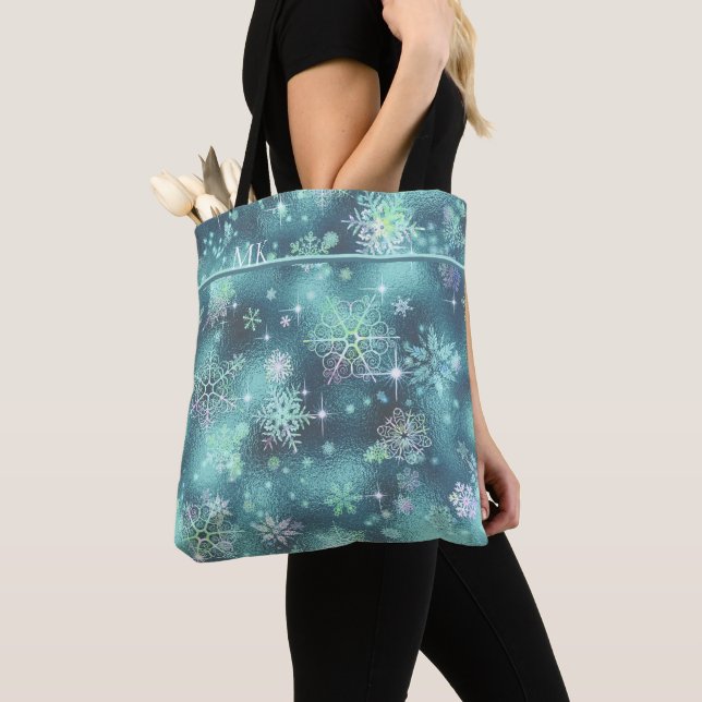 Prettiest Snowflakes Pattern Teal ID846  Tote Bag (Close Up)