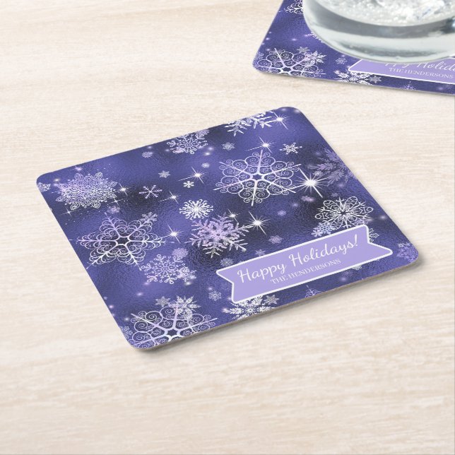 Prettiest Snowflakes Pattern Violet ID846 Square Paper Coaster (Angled)