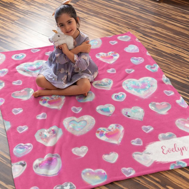 Pretty 3D Sparkly Crystal Gemstone Hearts on Pink Fleece Blanket (Creator Uploaded)