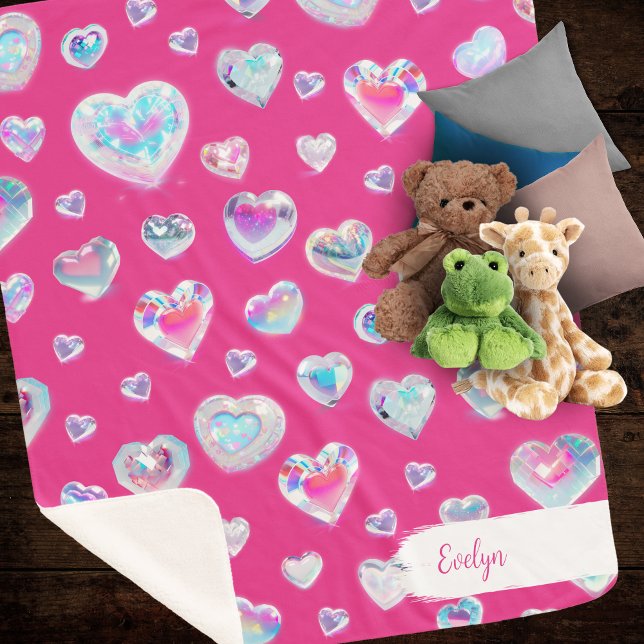 Pretty 3D Sparkly Crystal Gemstone Hearts on Pink Sherpa Blanket (Creator Uploaded)
