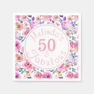 Pretty 50 and Fabulous Named Floral Birthday Party Napkin