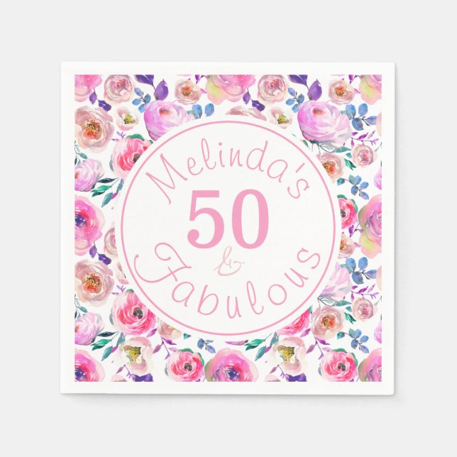 Pretty 50 and Fabulous Named Floral Birthday Party Napkin (Front)