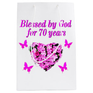 PRETTY 70TH PINK FLORAL BIRTHDAY DESIGN MEDIUM GIFT BAG