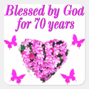 PRETTY 70TH PINK FLORAL BIRTHDAY DESIGN SQUARE STICKER