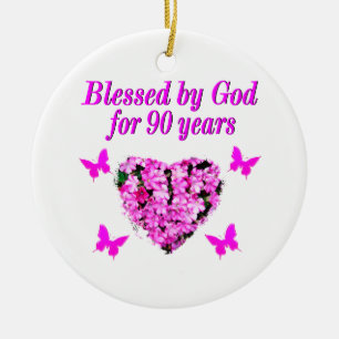 PRETTY 90TH BIRTHDAY FLORAL CERAMIC TREE DECORATION