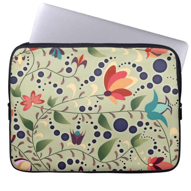 Pretty Abstract Flower Pattern on Sage Green Laptop Sleeve (Front)