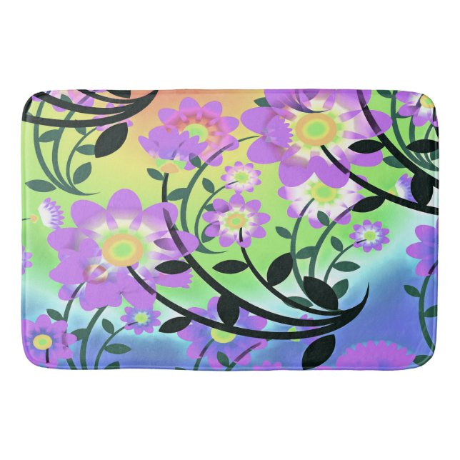 Pretty Abstract Multicolored Flowers Purple Bath Mat (Front)