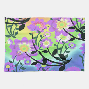 Pretty Abstract Multicolored Flowers Purple Tea Towel