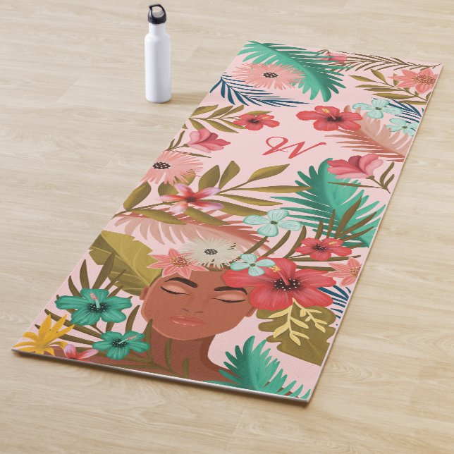 Pretty African American Botanical Jungle Monogram Yoga Mat (In Situ)