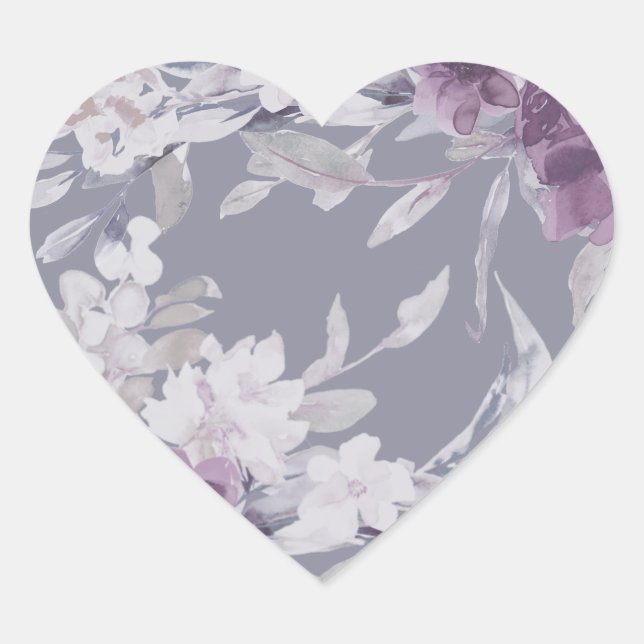 Pretty Airy Purple Botanical Floral Wedding Heart Sticker (Front)
