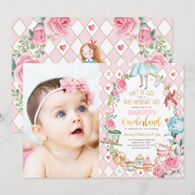 Pretty Alice in Wonderland 1st Birthday Tea Party Invitation (Front/Back)