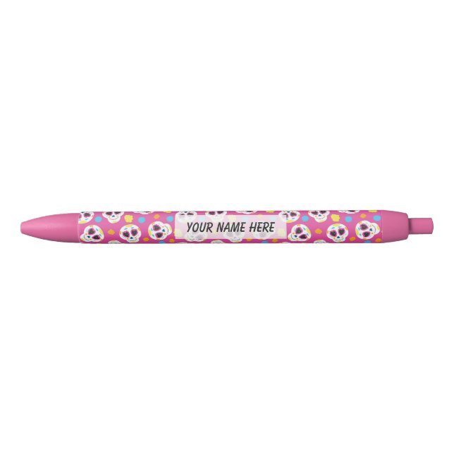 Pretty and Cute Sugar Skulls on Pink Personalised Black Ink Pen (Front)