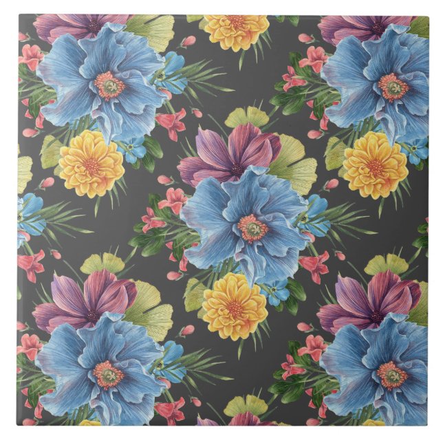 Pretty And  Dark Floral  Ceramic Tile (Front)